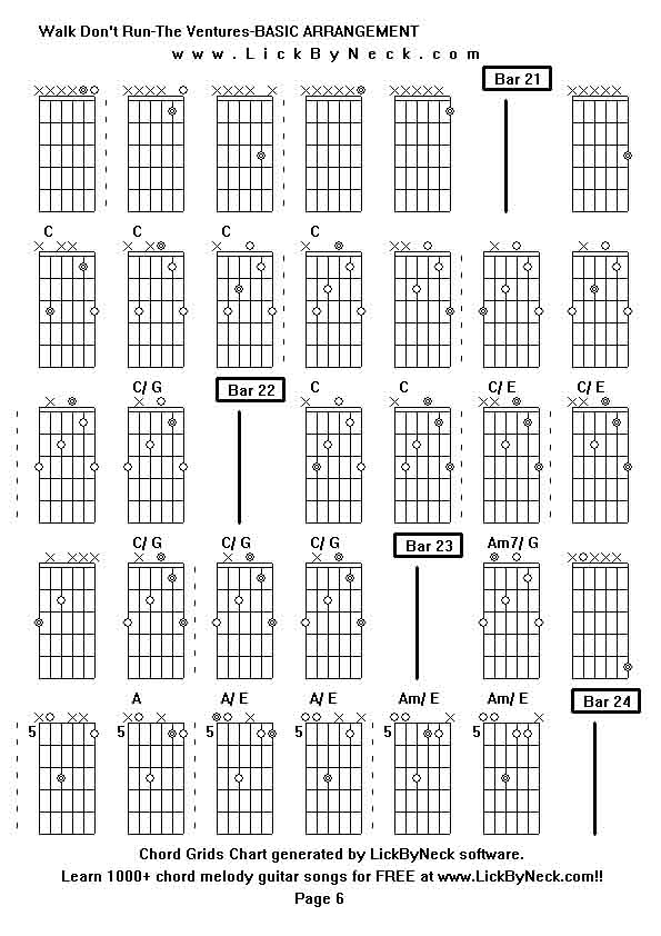 Chord Grids Chart of chord melody fingerstyle guitar song-Walk Don't Run-The Ventures-BASIC ARRANGEMENT,generated by LickByNeck software.